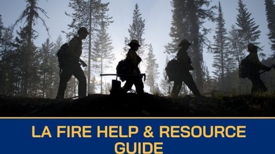 Aerial view of Los Angeles during wildfire season with smoke clouds in the sky, first responders working to contain the fire, and a resilient community coming together to rebuild.